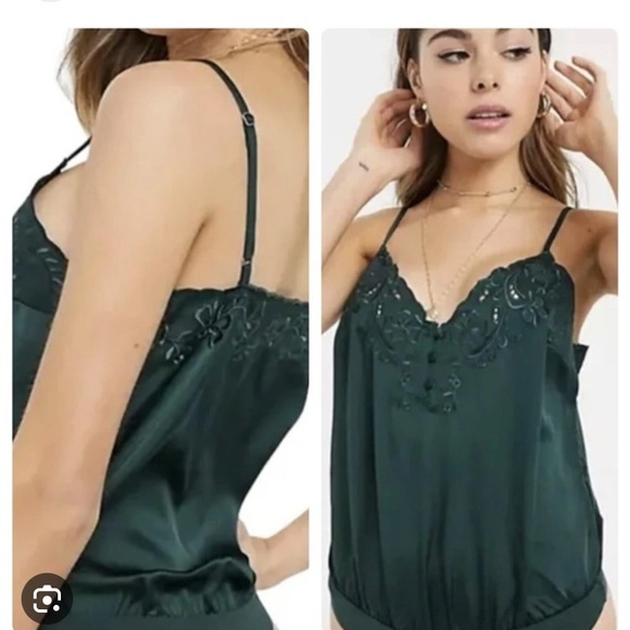 Abercrombie & Fitch Satin green embroidered thong bodysuit - Picture 2 of 7